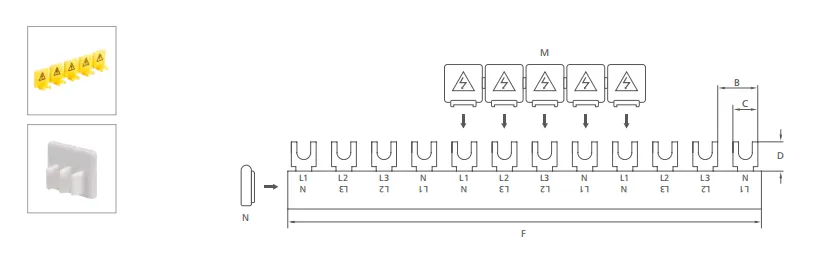 VIOX Fork four-pole busbars (M6) Dimension