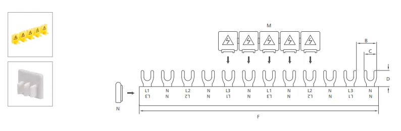 VIOX Fork type, 3P+N busbars (M6) Dimension