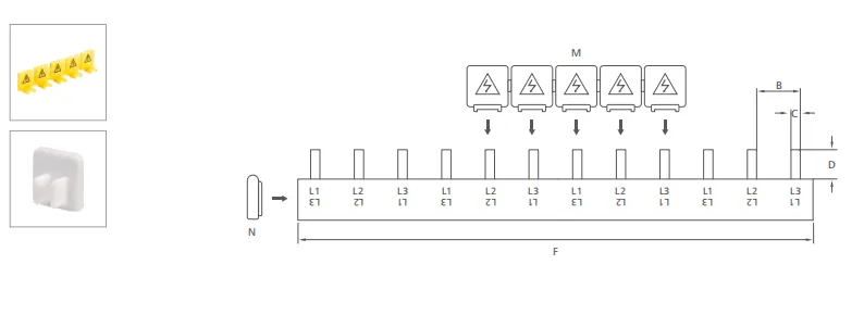 VIOX Pin type, 3-phase busbars Dimension