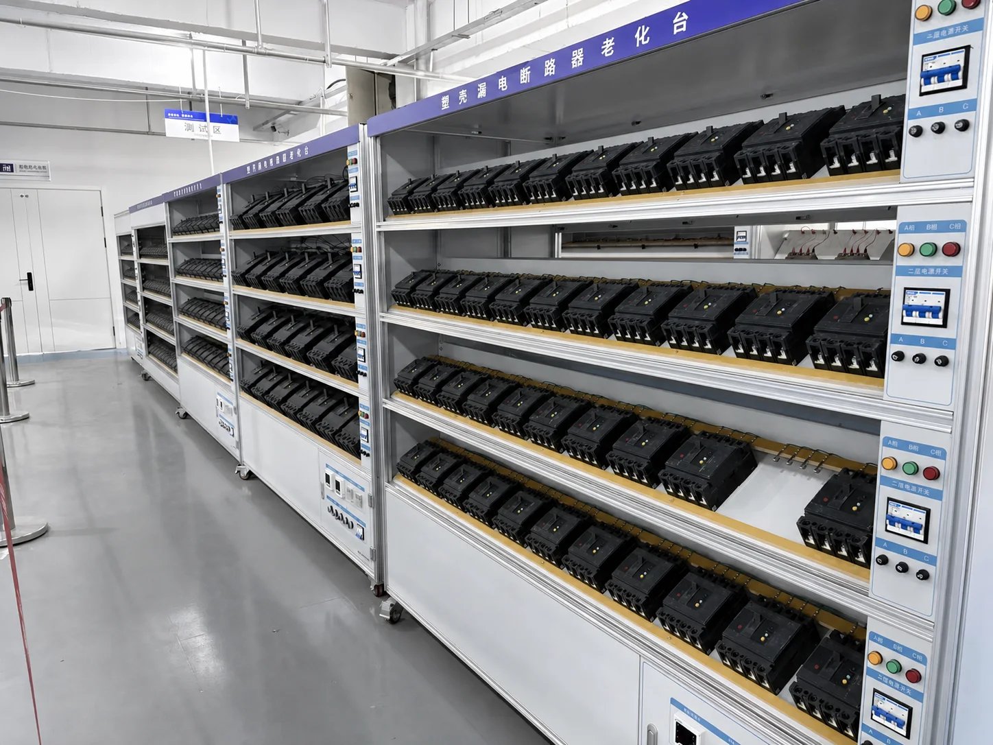 VIOX circuit breakers undergoing batch aging and verification testing