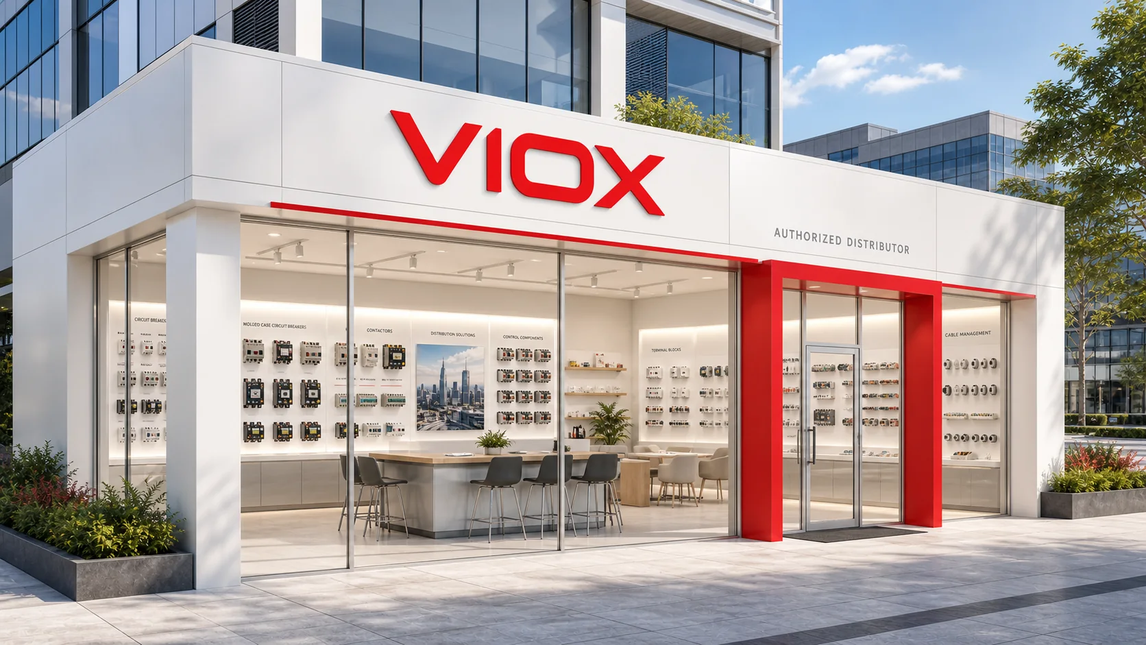 Concept for a bright VIOX authorized distributor store with product displays and consultation space