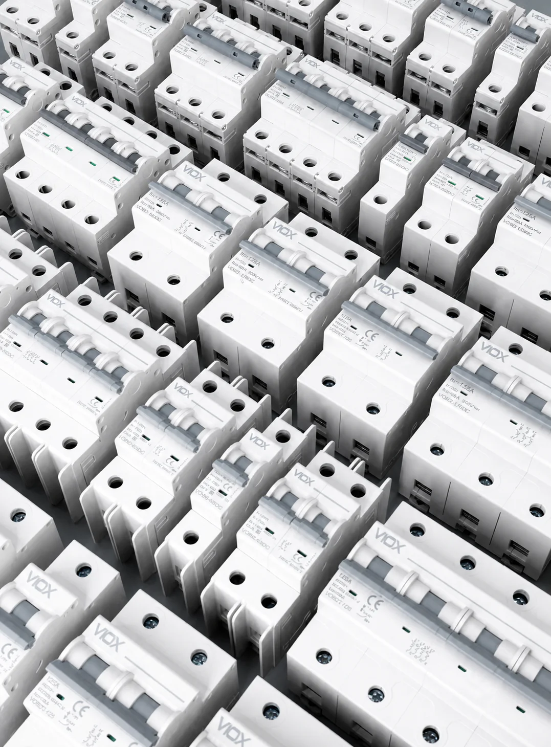 VIOX miniature circuit breakers arranged in rows