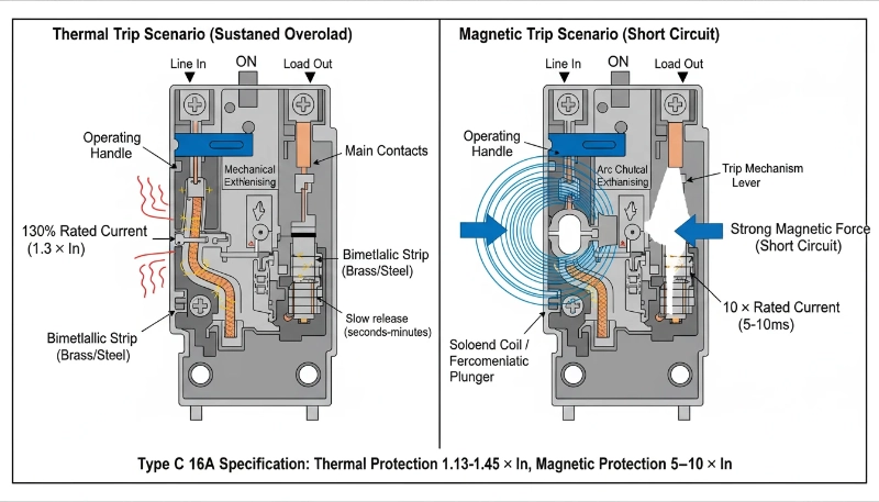 MCB Internal Mechanism showing Thermal and Magnetic trip units