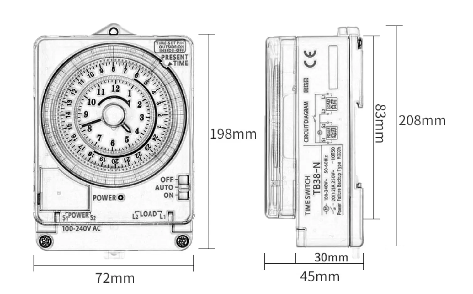 Mechanical Timer Switch TB38N Dimension