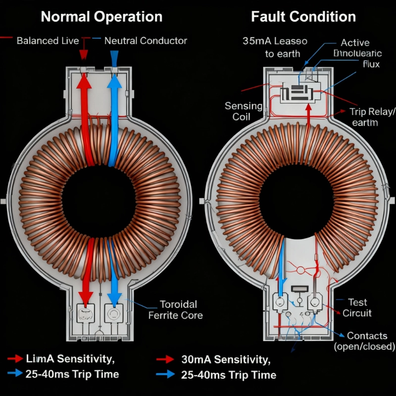 RCD Internal Mechanism diagram showing toroidal transformer