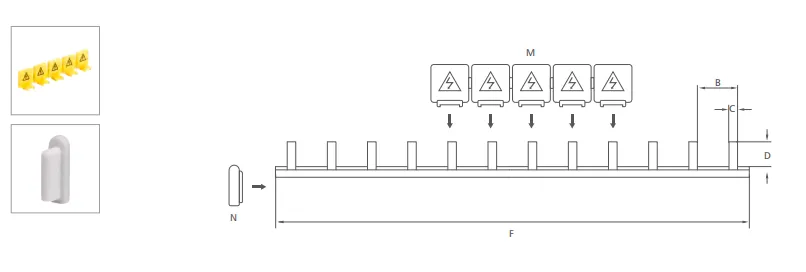 VIOX Pin type, 1-phase busbars Dimension