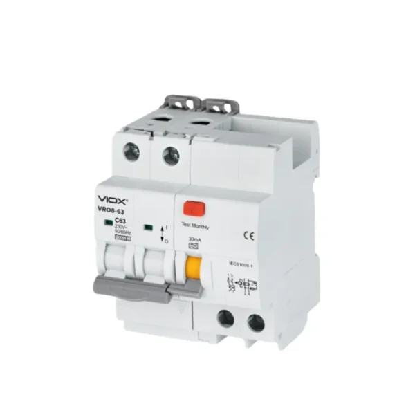 VIOX VRO8-63 2P 10kA 63A 30mA RCBO, Residual Current Circuit Breaker with Overload Protection