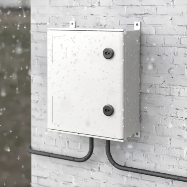 fiberglass electrical enclosures on the wall in the rainy day