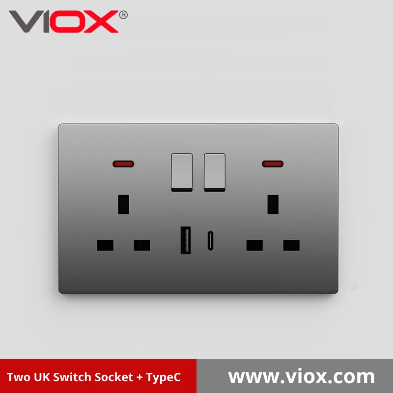 Two UK Switch Socket + TypeC Black