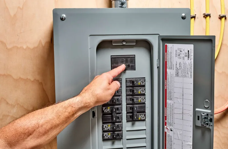 A hand operating a residential electrical circuit breaker panel showing multiple miniature circuit breakers (MCBs) used to protect circuits from overloads and short circuits