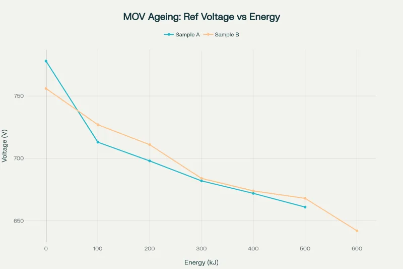 Reference voltage of two MOV samples steadily falls as they absorb surge energy, signalling eventual end-of-life