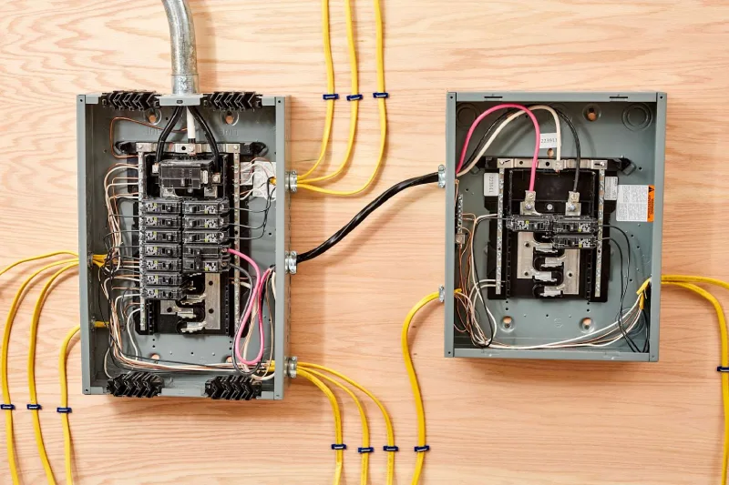 Residential electrical circuit breaker panels showing wiring and subpanel connection for overload and short circuit protection