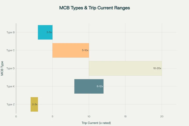 mcb types & trip current ranges