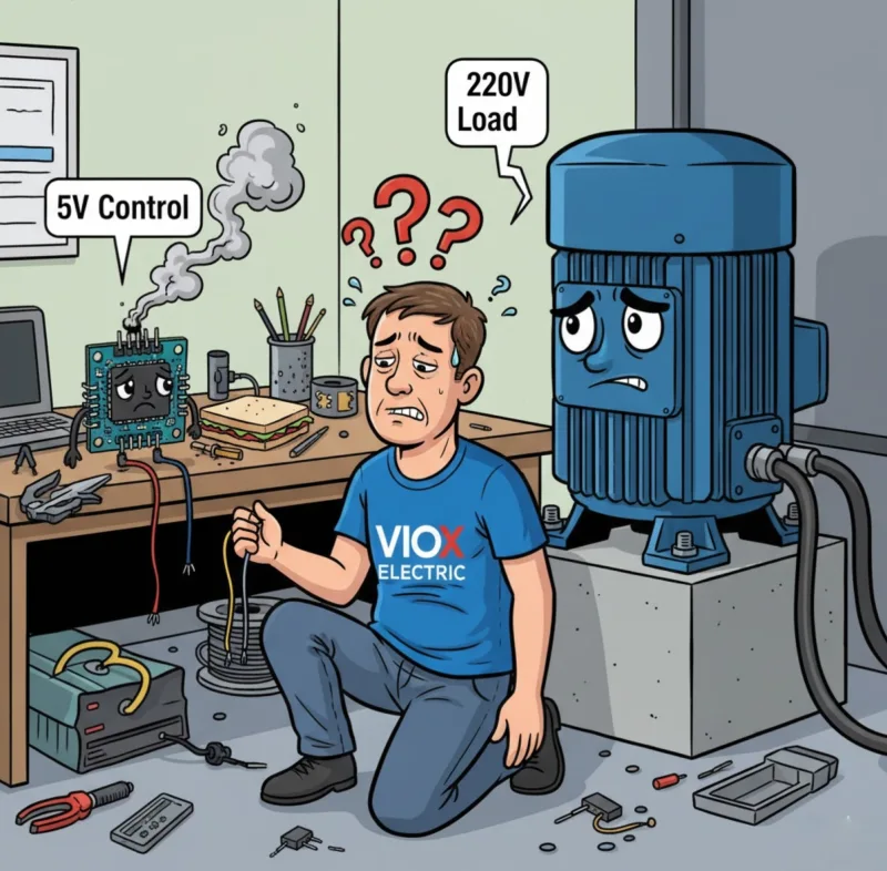 comic-book style illustration of the defeated engineer, caught between low-power control and high-power loads
