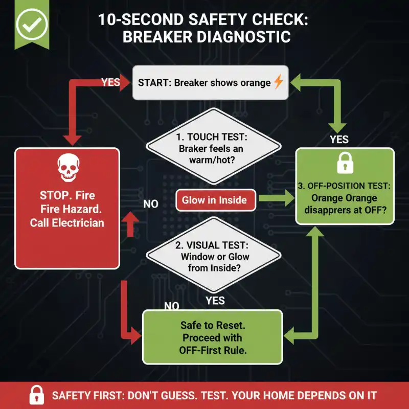 Circuit breaker safety diagnostic flowchart: touch test for heat, check for window versus glow, test if orange disappears at OFF position