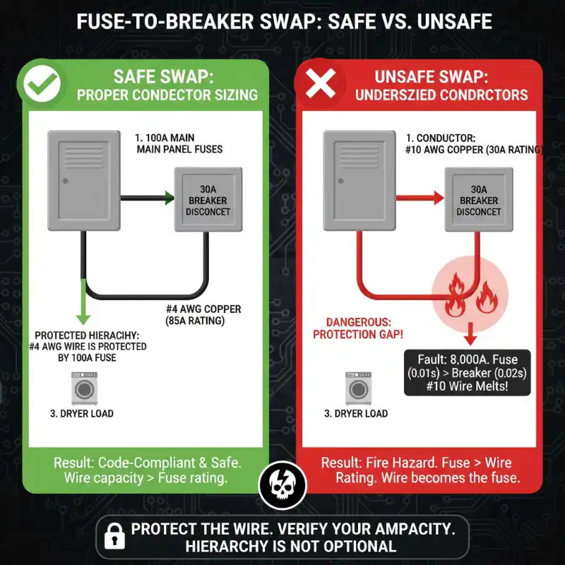 Comparison of code-compliant vs code-violating fuse to breaker disconnect replacement showing conductor sizing requirements