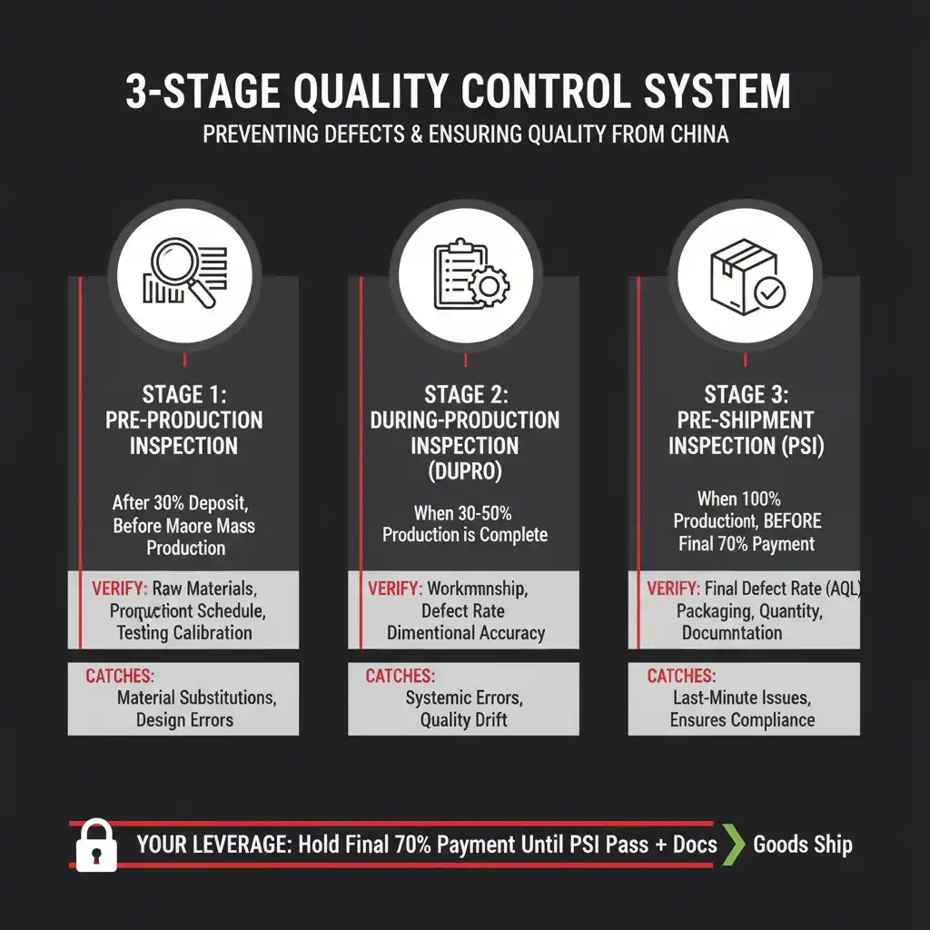 A "3-Stage Quality Control System" infographic
