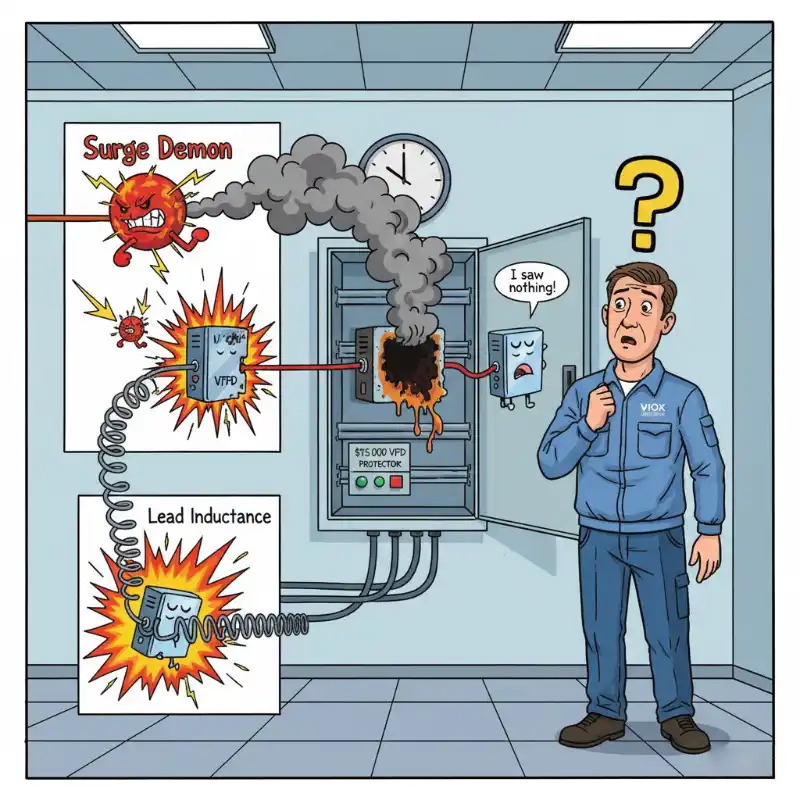 An engineer, wearing a "VIOX" branded uniform, stands before an open control panel, his face a mask of pure confusion (a giant question mark floating above).