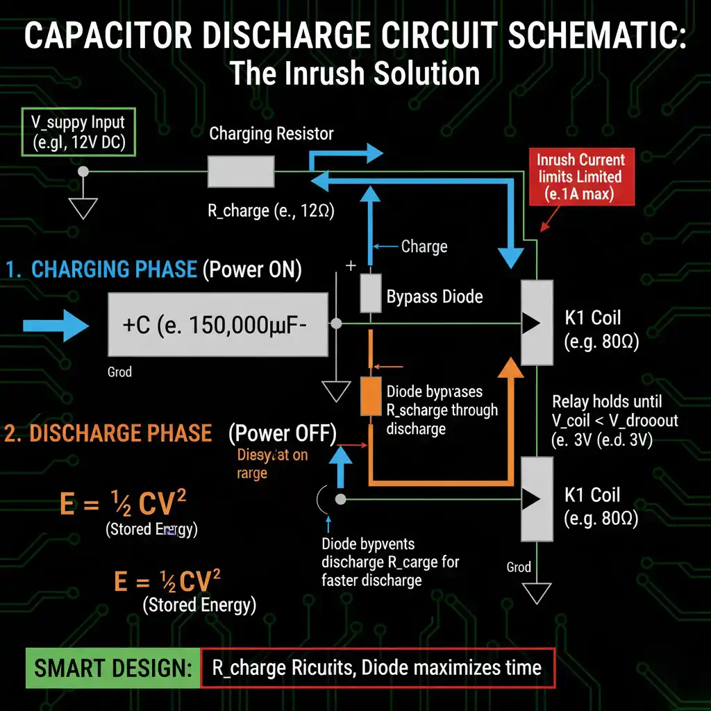 True off-delay relay circuit schematic showing capacitor discharge path with inrush limiting resistor and bypass diode for electronic timer without power