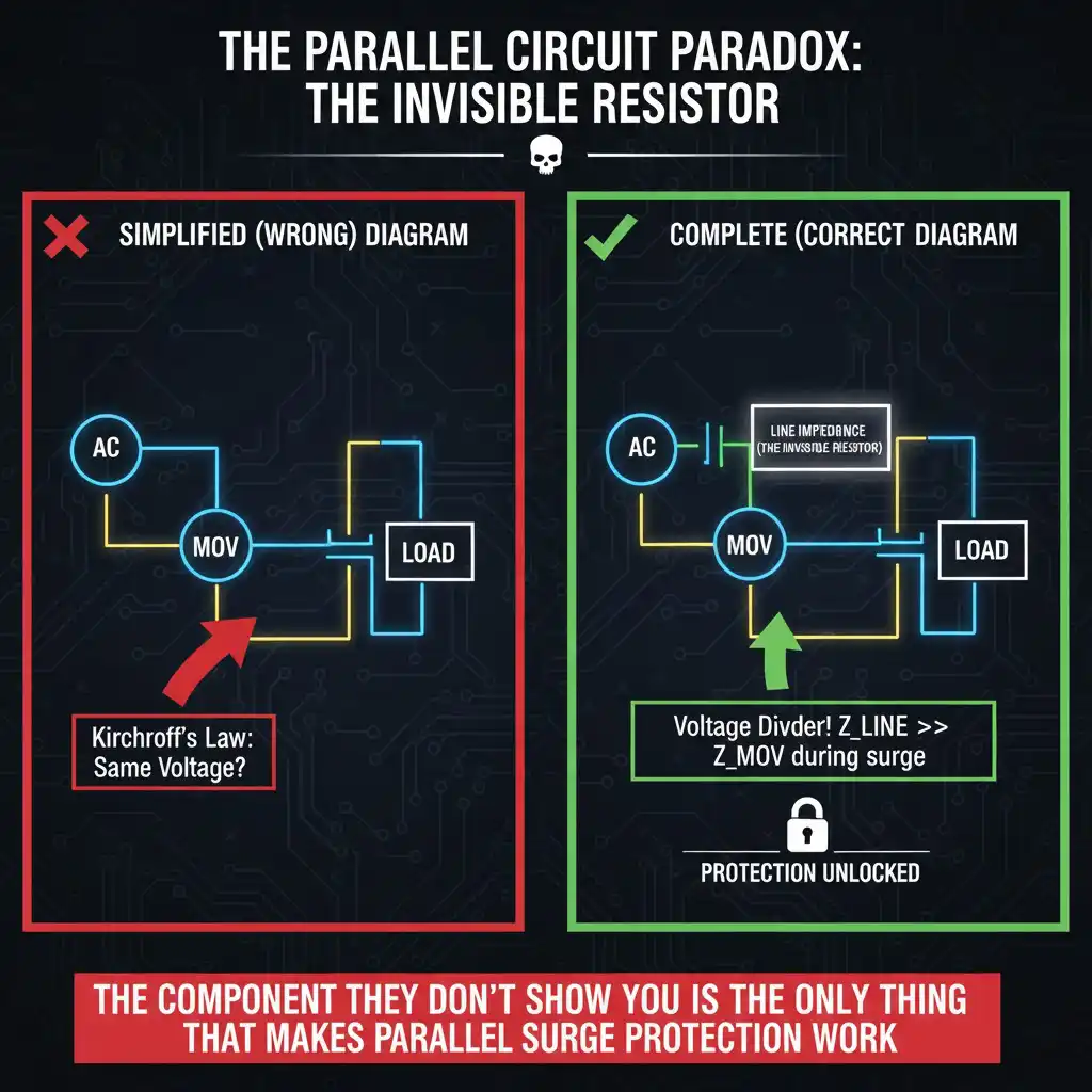 MOV surge protection circuit diagram showing line impedance as the missing component that makes parallel protection work