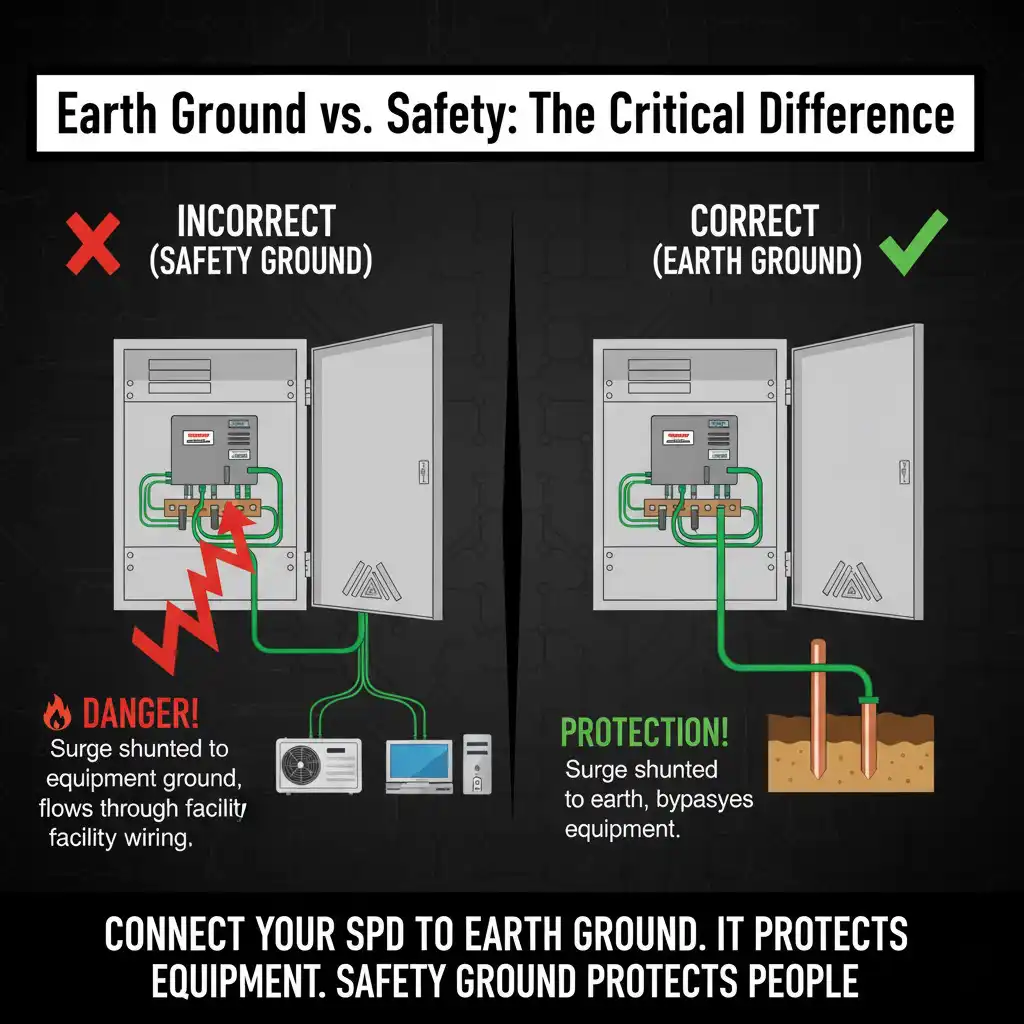 Electrical panel diagram comparing incorrect surge protector connection to equipment ground bar versus correct connection to earth ground electrodes