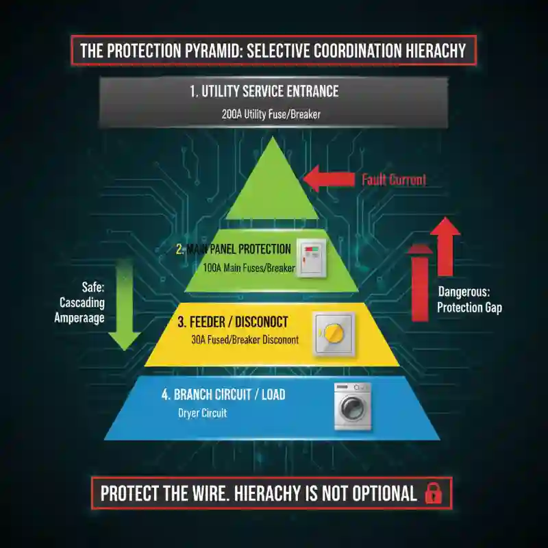 Electrical protection pyramid diagram showing proper hierarchy from 200A main service to 30A branch circuit protection