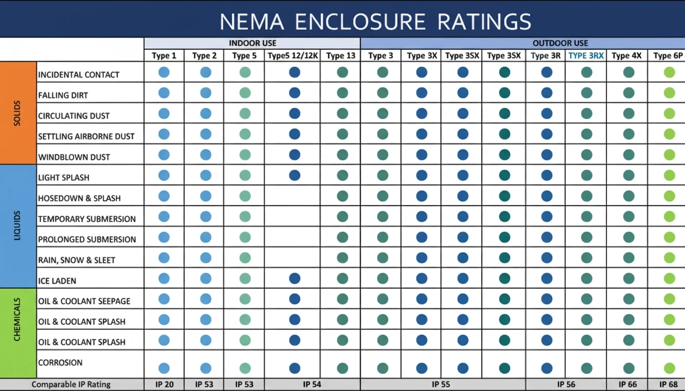 NEMA rating comparison matrix showing protection features for Types 1 through 6P