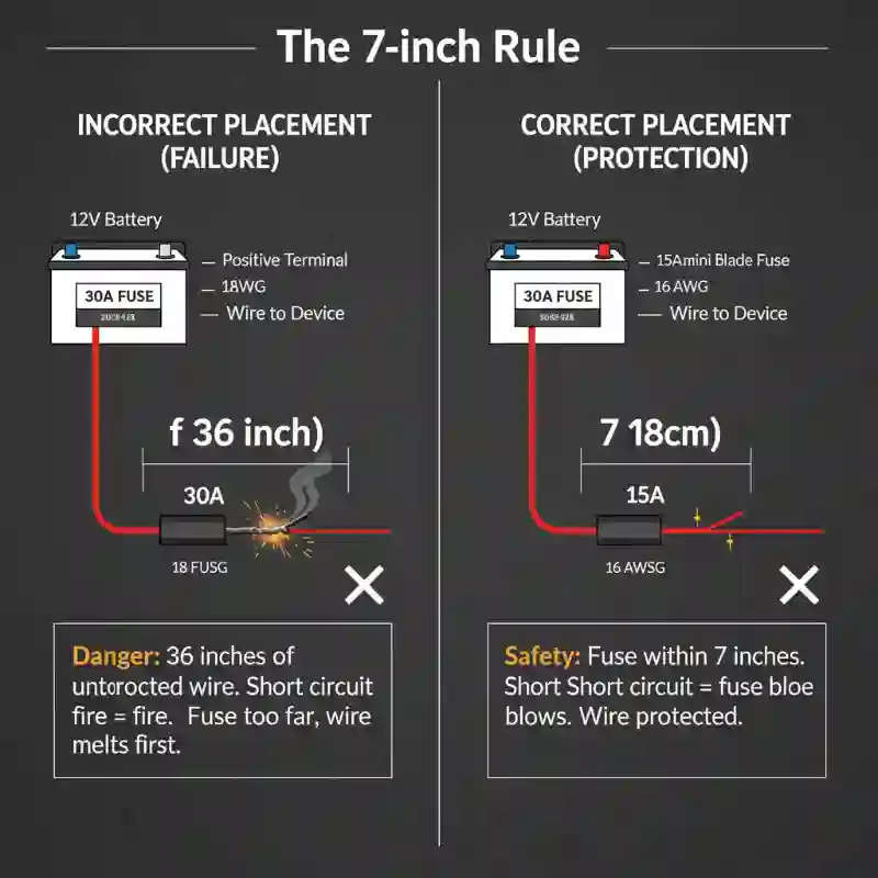 Proper 12V fuse placement within 7 inches of battery positive terminal for automotive safety