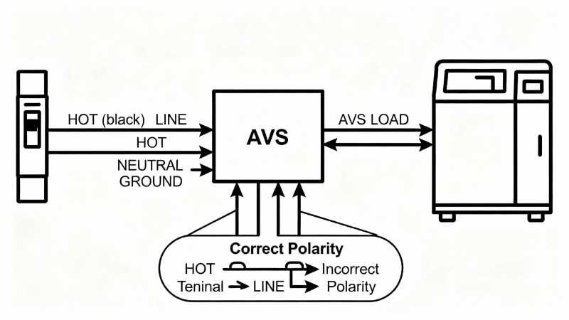 Proper AVS unit installation showing series connection between circuit breaker and protected load