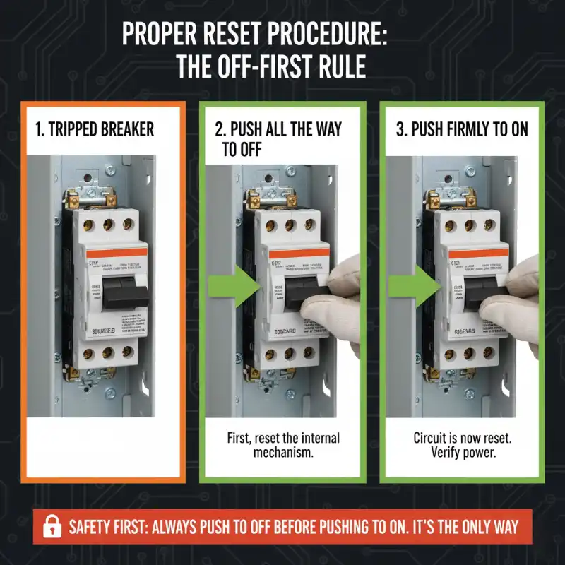 Circuit breaker reset procedure: push tripped breaker to OFF position first, then push to ON position