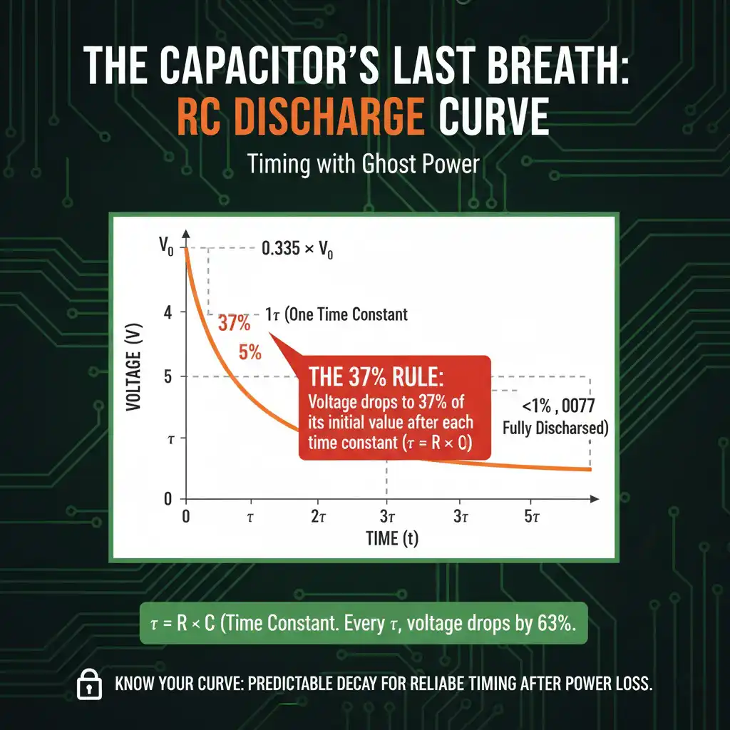 RC time constant exponential discharge curve showing voltage decay to 37% at one time constant for off-delay relay timing circuit