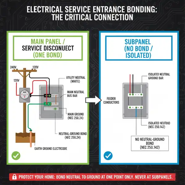 Electrical service entrance diagram showing proper neutral-ground bonding at main panel per NEC Article 250.24 with isolated ground and neutral at subpanel