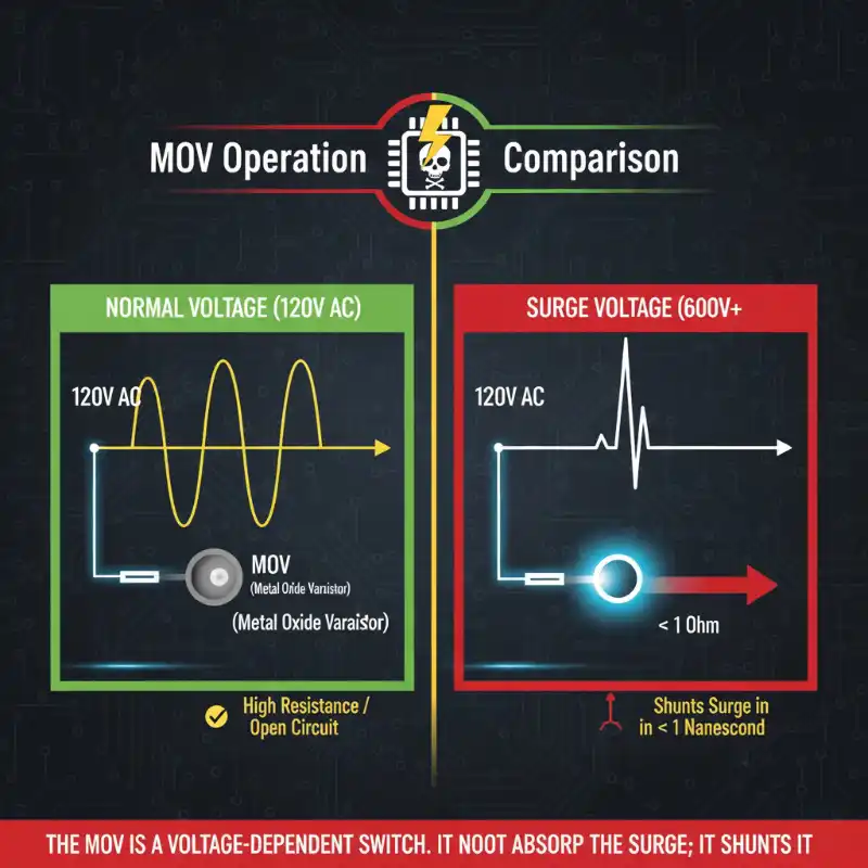 Metal oxide varistor MOV operation diagram showing transition from high resistance at normal voltage to low resistance during surge conditions