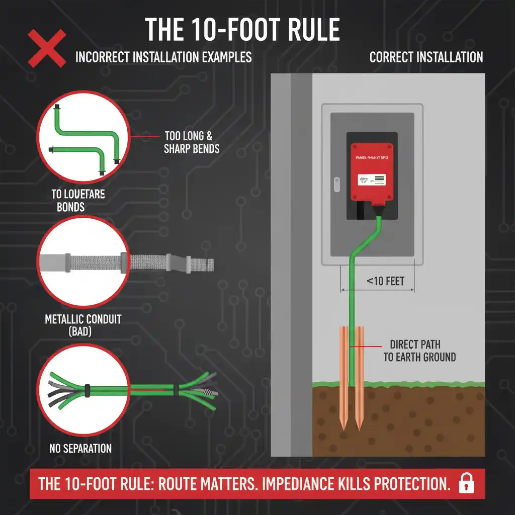 Proper surge protector grounding installation showing 10-foot maximum conductor length with no sharp bends or metallic conduit