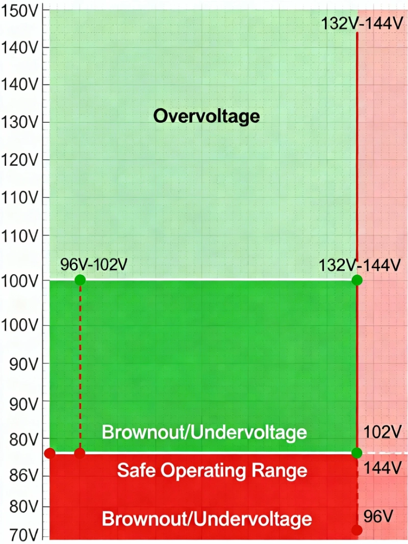 The 80:110 Voltage Protection Window showing safe operating range (green zone- 96-144V for 120V nominal systems) and danger zones where equipment damage occurs.