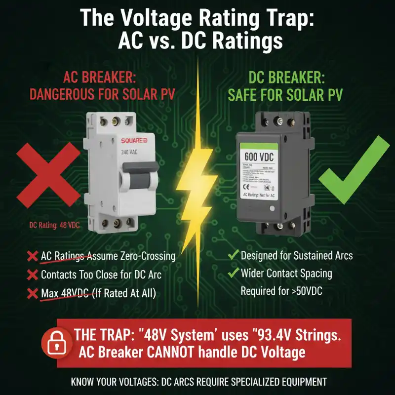 The Voltage Rating Trap: AC vs. DC Ratings.