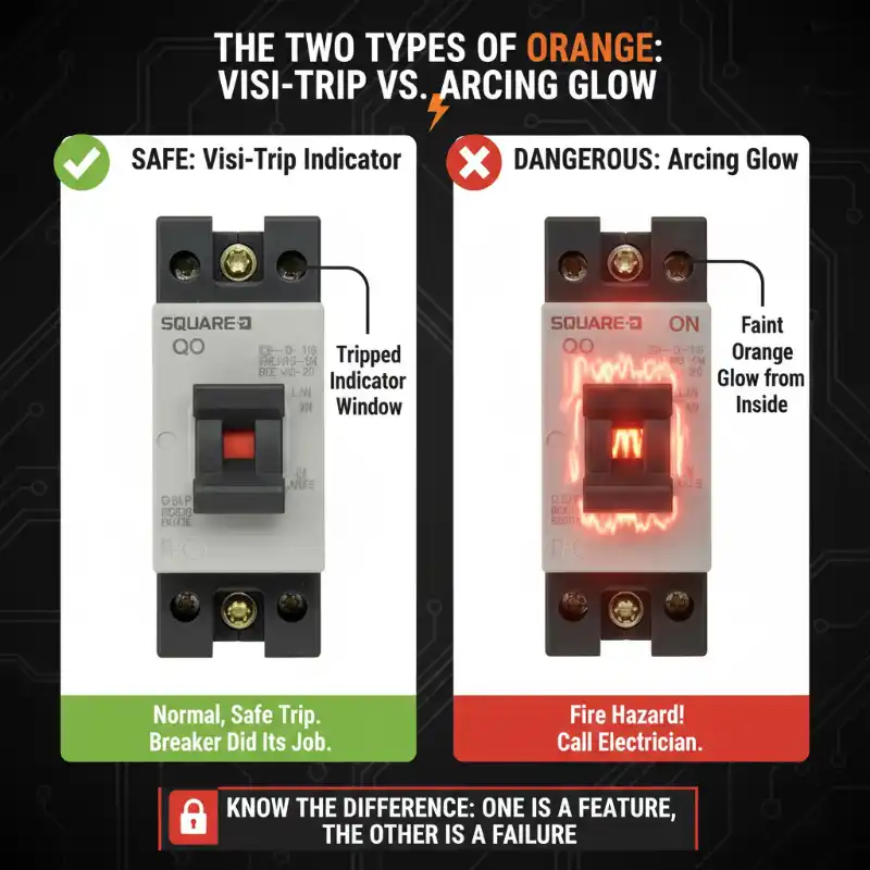 Circuit breaker showing safe orange trip indicator window on left versus dangerous orange arcing glow on right