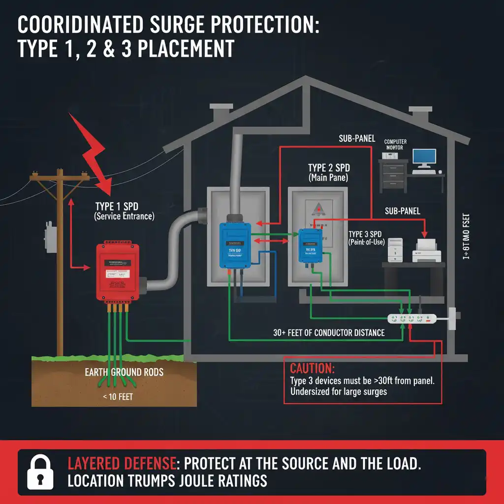 Electrical system diagram showing Type 1 surge protector at service entrance, Type 2 at main panel, and Type 3 point-of-use protectors more than 30 feet from panel