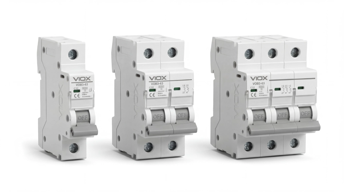 VIOX VOB3-63 Miniature Circuit Breaker (MCB) series including 1P, 2P, and 3P models