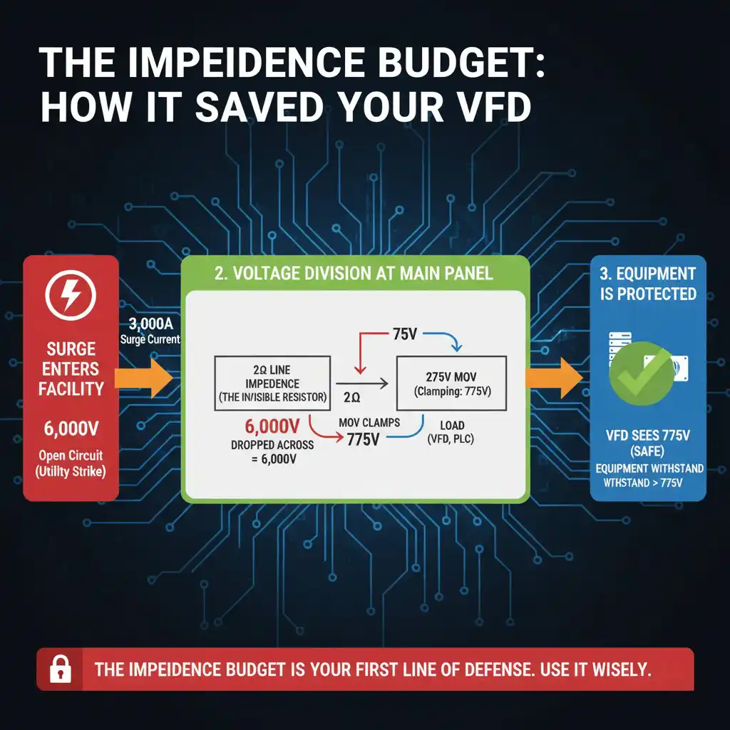 Voltage division in MOV surge protection showing how line impedance absorbs most surge energy