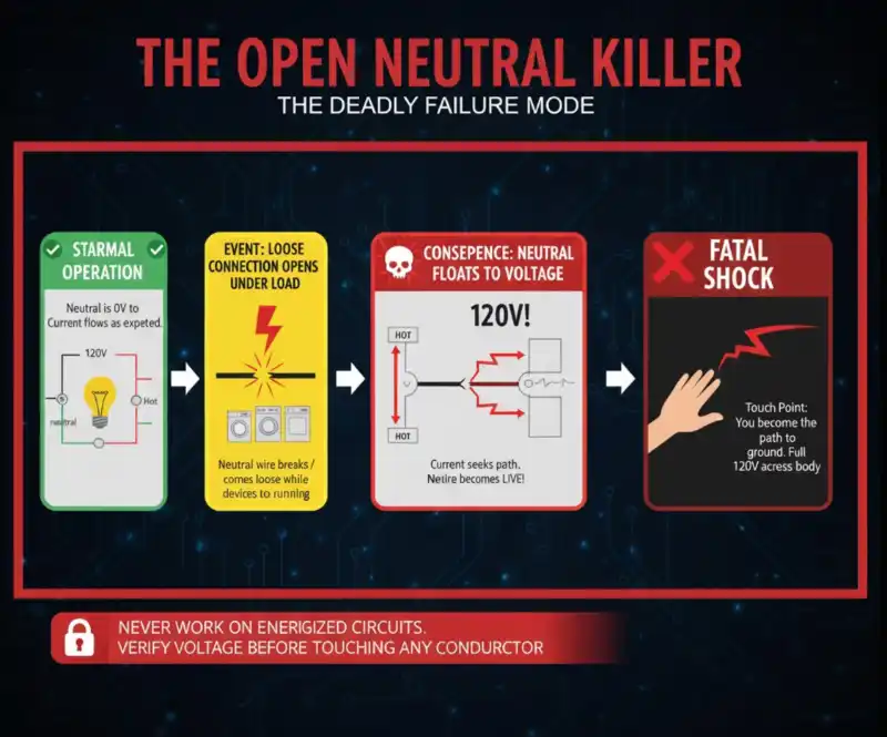 Open neutral hazard flowchart showing how neutral conductor voltage rises from 0V to 120V when connection opens under load creating electric shock danger
