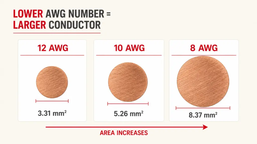 AWG to mm² cable size conversion showing that lower AWG numbers represent larger conductors