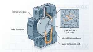 Cutaway-illustration-of-a-ZnO-MOV-inside-a-surge-protective-device-showing-ceramic-grain-boundaries-and-surge-current-conduction