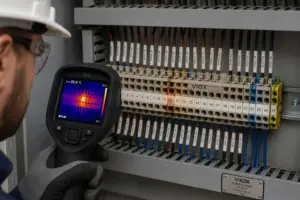Technician-using-infrared-thermography-to-identify-a-localized-overheating-terminal-block-inside-a-control-panel