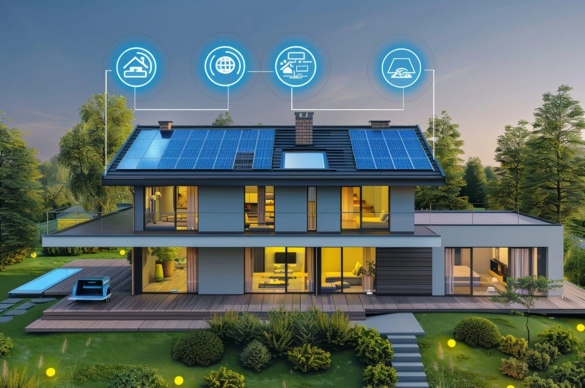 Smart residential building with rooftop solar and connected electrical systems