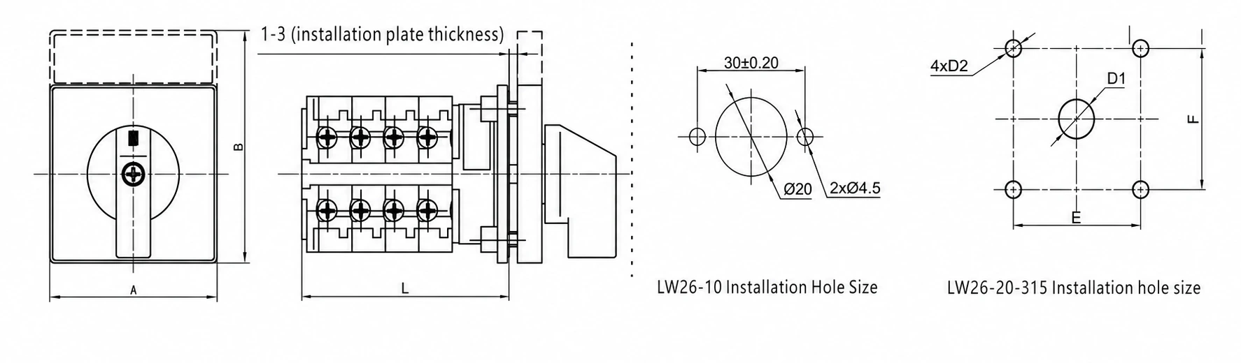 LW26 rotary cam switch dimensions and panel cutout drawing