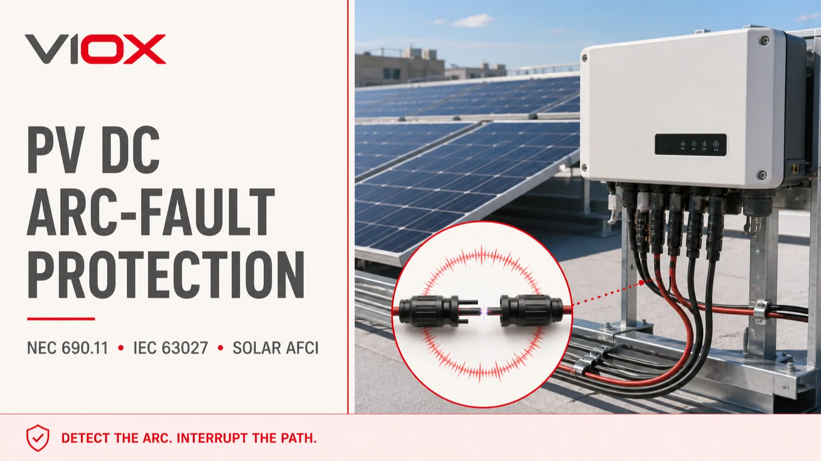 PV DC arc-fault protection cover illustrating solar AFCI detection between a photovoltaic array and inverter under NEC 690.11 and IEC 63027.