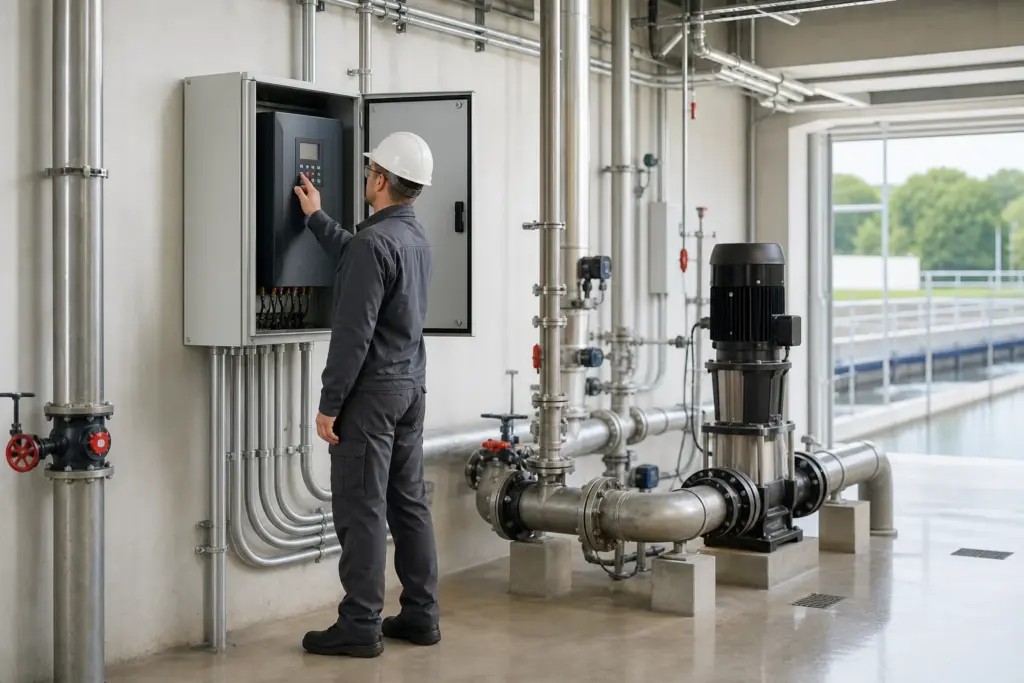 Engineer inspecting a variable-frequency-drive control cabinet for an industrial pump system